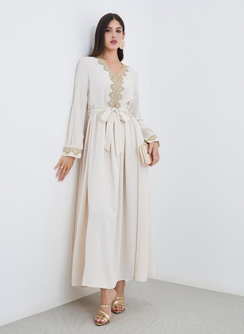 Amirah Women Cream Lace Detail V Neck Jalabiya with Fabric Belt