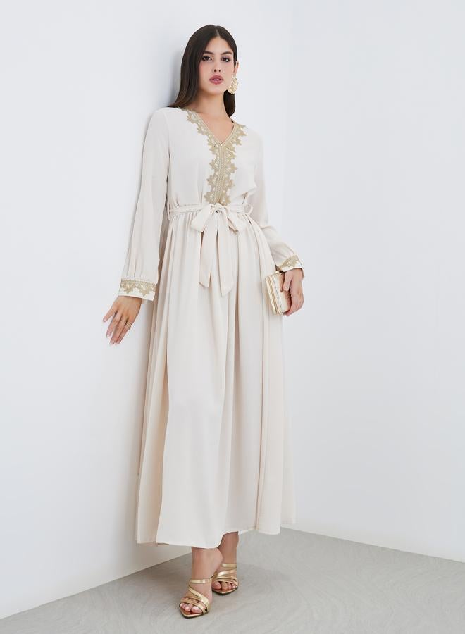 Amirah Women Cream Lace Detail V Neck Jalabiya with Fabric Belt - Image 1