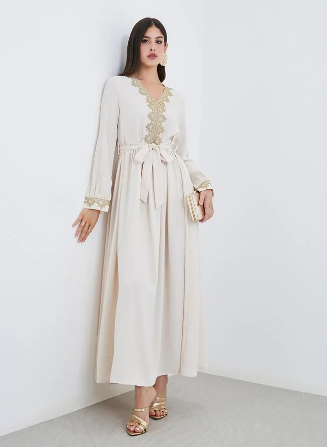Amirah Amirah Women Cream Lace Detail V Neck Jalabiya with Fabric Belt