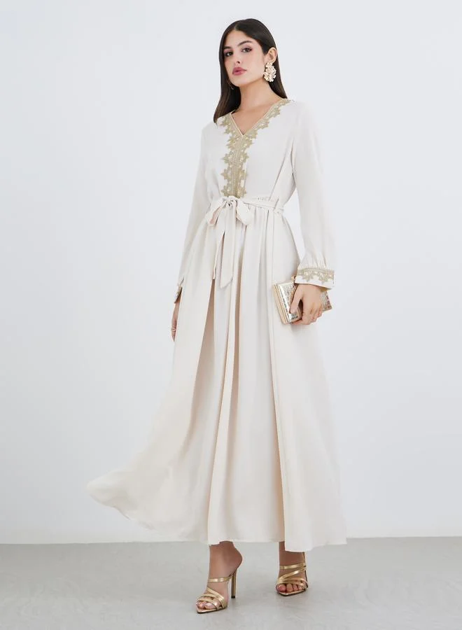 Amirah Amirah Women Cream Lace Detail V Neck Jalabiya with Fabric Belt