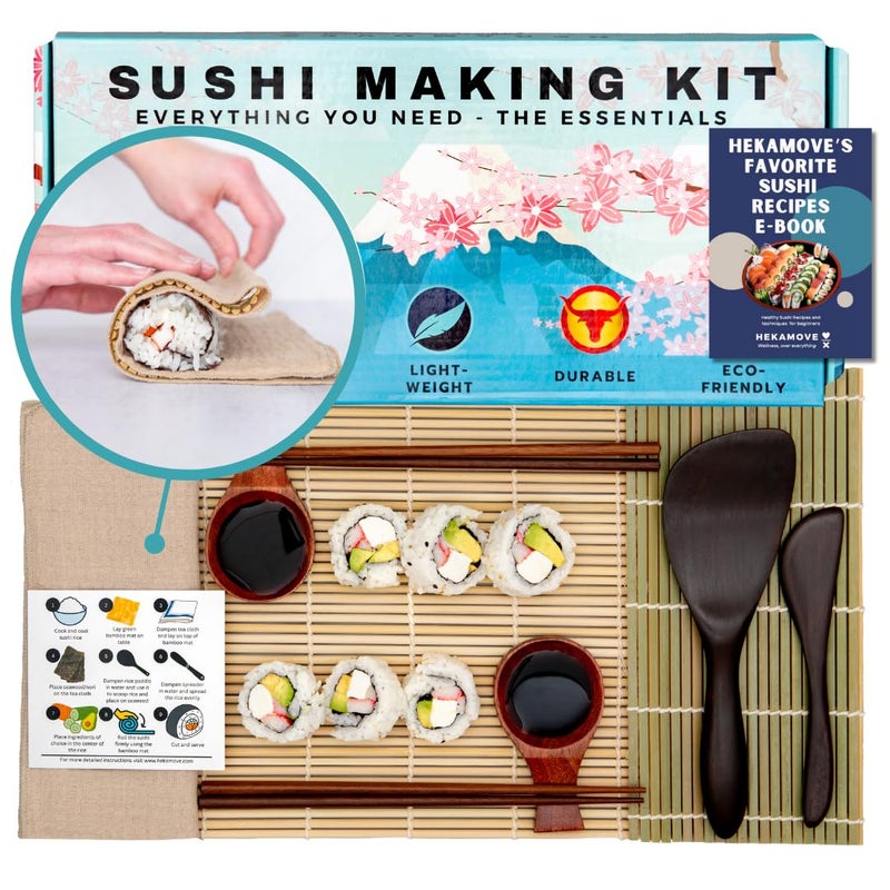 HEKAMOVE No Plastic Premium Sushi Making Kit for Home for Beginners or Pro Sushi makers Made of Premium Wood includes Tea Cloth PlanetFriendly the Best Gift and DIY Home Sushi Kit Experience