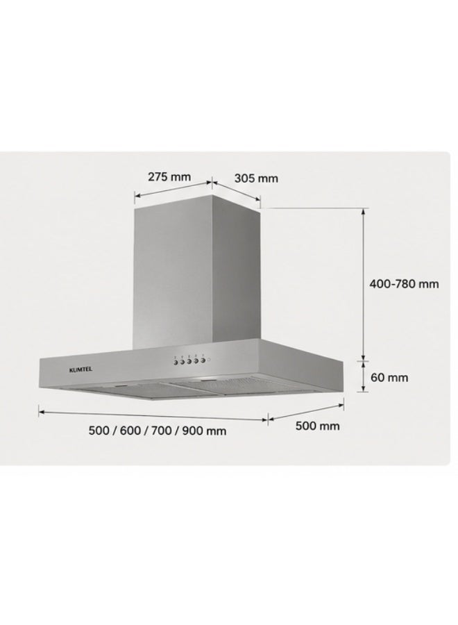 كومتيل شفاط مطبخ كومتل DT6-61 جداري مدمج، مقاس 60 سم، قوة شفط 750 م³/ساعة، 3 سرعات، ستانلس ستيل، إضاءة LED، فلاتر قابلة للغسل في غسالة الأطباق - Image 2