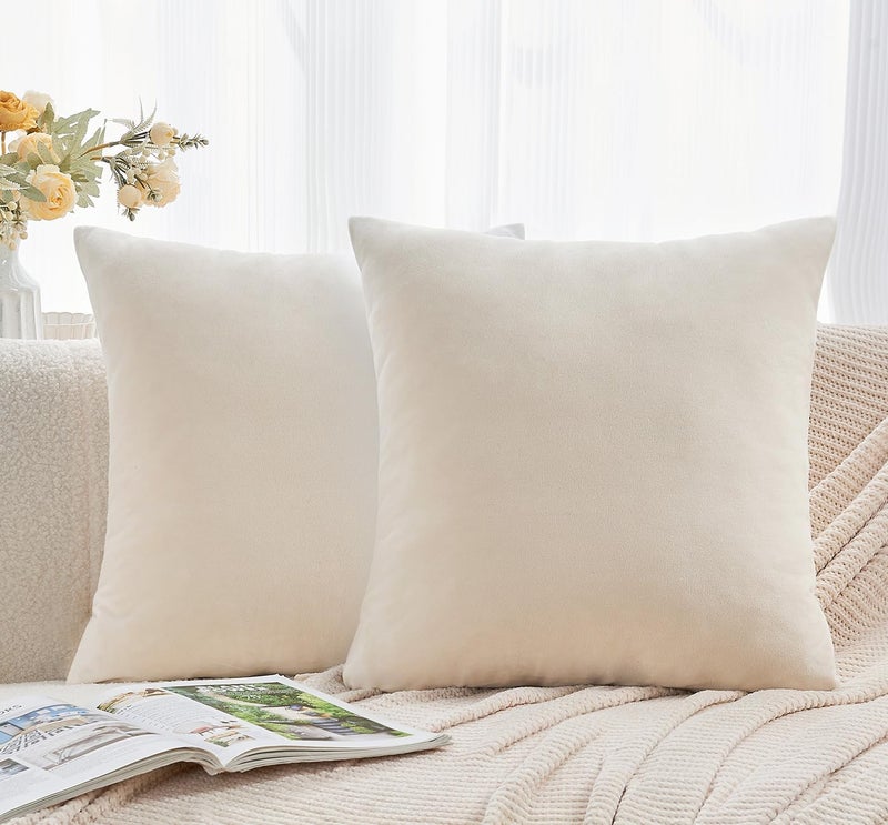 GriNeed Throw Pillow Covers Neutral Beige Set of 2 22x22 Inch Pillow Covers, Soft Velvet Farmhouse Decorative Pillowcases for Couch Sofa Bed, Home Boho Decor, Modern Cushion Covers - Image 2