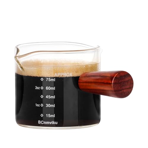 BCnmviku 1 Pack Double Spouts Measuring Triple Pitcher Milk Cup with Wood Handle 75ML Espresso Shot Glasses Parts Clear Glass By BCnmviku - Image 1