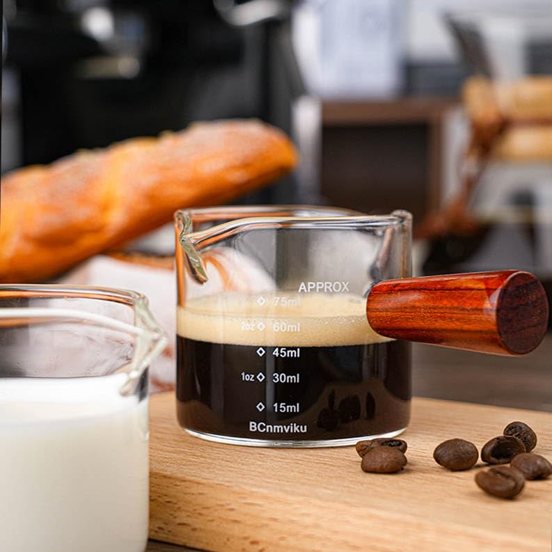 BCnmviku 1 Pack Double Spouts Measuring Triple Pitcher Milk Cup with Wood Handle 75ML Espresso Shot Glasses Parts Clear Glass By BCnmviku - Image 3