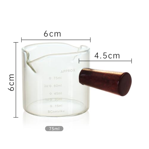 BCnmviku 1 Pack Double Spouts Measuring Triple Pitcher Milk Cup with Wood Handle 75ML Espresso Shot Glasses Parts Clear Glass By BCnmviku - Image 4