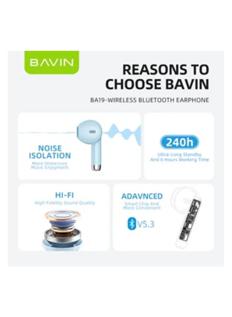 Bavin - BAVIN -19 TWS Bluetooth 5.3 Touch Wireless Earphones High Sound With Pure Music And Stereo Sound Purple - Image 1
