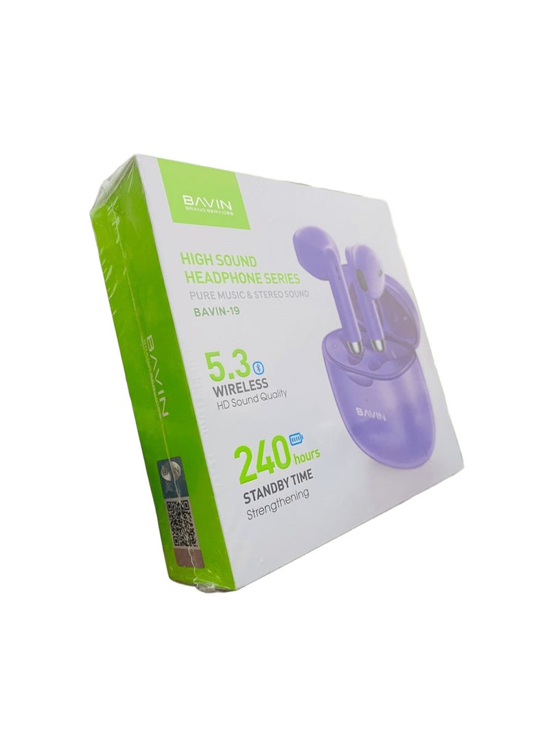 Bavin - BAVIN -19 TWS Bluetooth 5.3 Touch Wireless Earphones High Sound With Pure Music And Stereo Sound Purple - Image 1