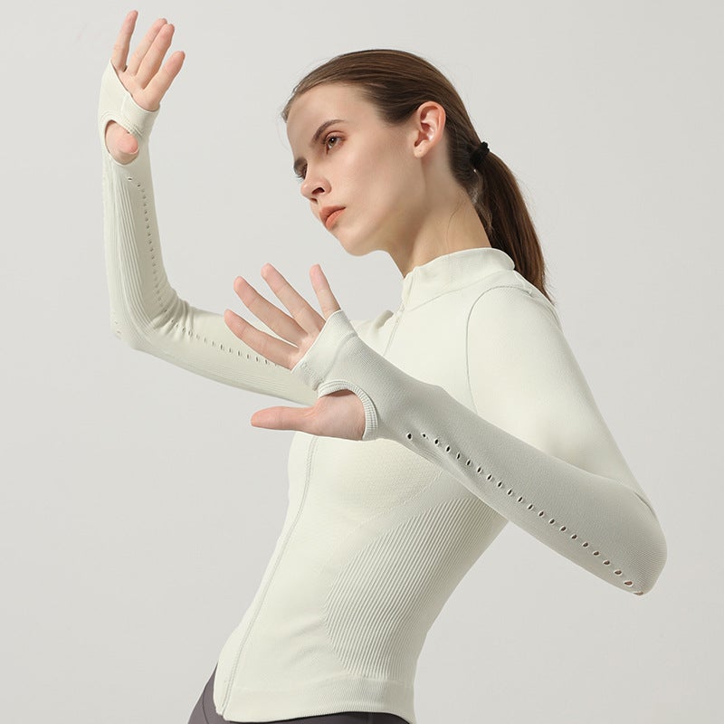 Nariele Autumn Winter Slim Knit Sports Jacket Womens Yoga Fitness Zip-Up Stand Collar Ivory White - Image 3