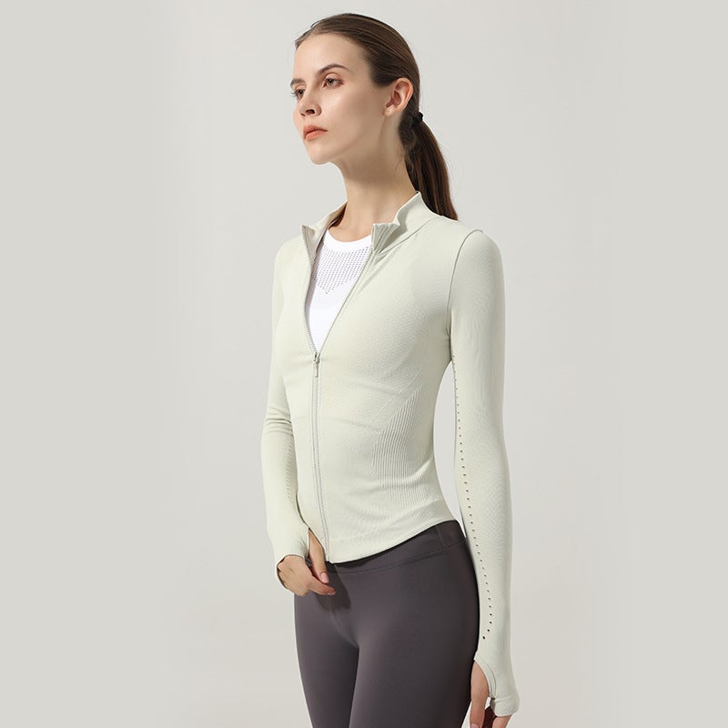 Nariele Autumn Winter Slim Knit Sports Jacket Womens Yoga Fitness Zip-Up Stand Collar Ivory White - Image 1