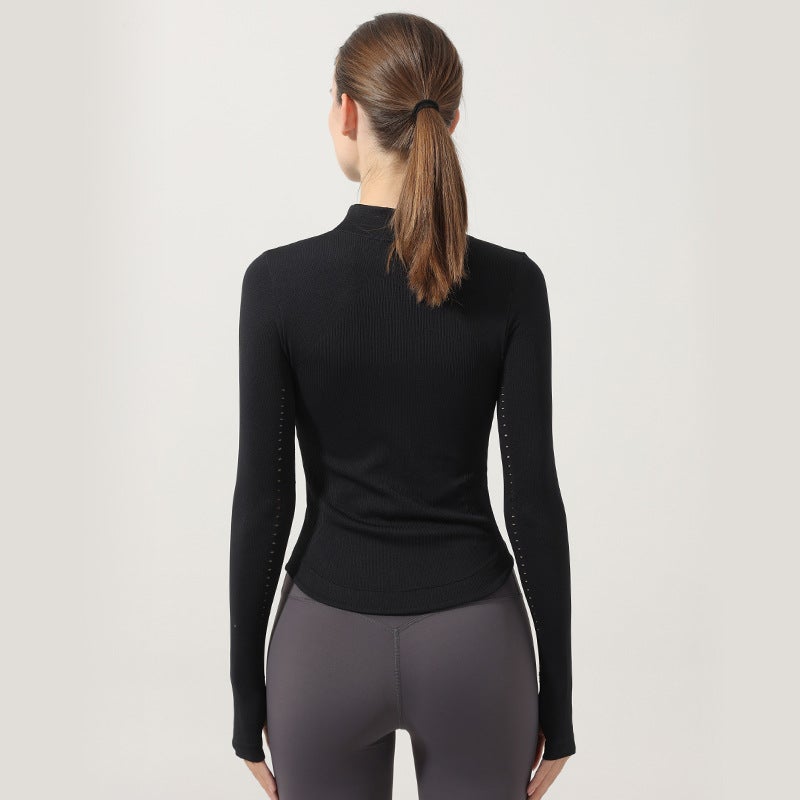 Nariele Autumn Winter Slim Knit Sports Jacket Womens Yoga Fitness Zip-Up Stand Collar Ivory White - Image 4