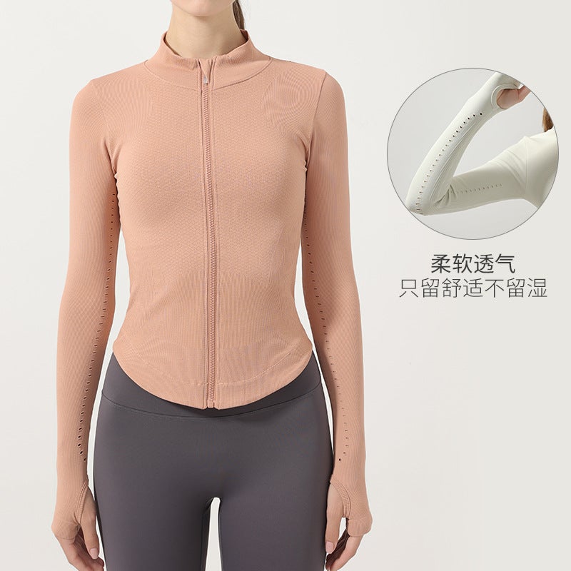 Nariele Autumn Winter Slim Knit Sports Jacket Womens Yoga Fitness Zip-Up Stand Collar Ivory White - Image 2