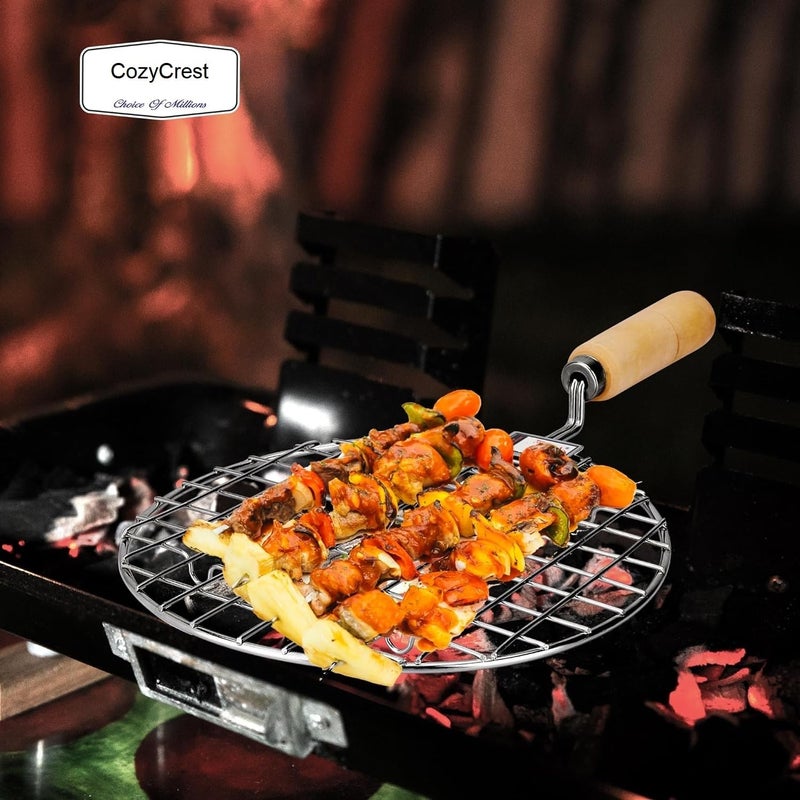 CozyCrest مشواة كوزي كريست الدائرية، مشواة باباد، مشواة بانير، صانع روتي، مشواة باربكيو، مشواة شاباتي، مقبض خشبي، شبكة تندور للخضار - Image 2
