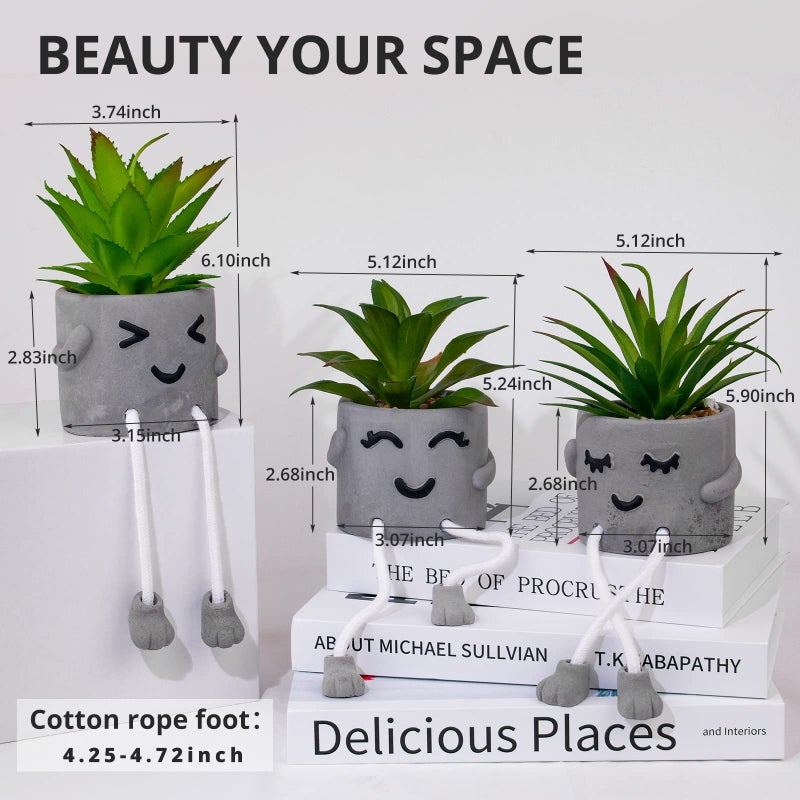 LUZOGA Creative Artificial Succulent Plants with Gray Pots Mini Potted Succulents Cute Fake Plants Succulents with Hanging Leg & Emotional Cement for Home Office Desk Decor and Gift Choice - Image 2