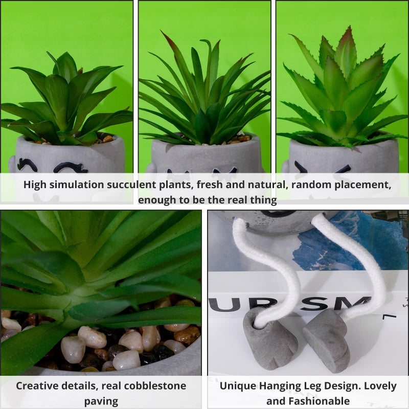 LUZOGA Creative Artificial Succulent Plants with Gray Pots Mini Potted Succulents Cute Fake Plants Succulents with Hanging Leg & Emotional Cement for Home Office Desk Decor and Gift Choice - Image 3