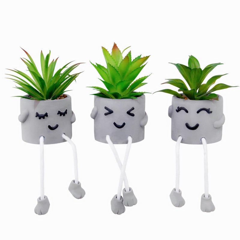 LUZOGA Creative Artificial Succulent Plants with Gray Pots Mini Potted Succulents Cute Fake Plants Succulents with Hanging Leg & Emotional Cement for Home Office Desk Decor and Gift Choice - Image 1