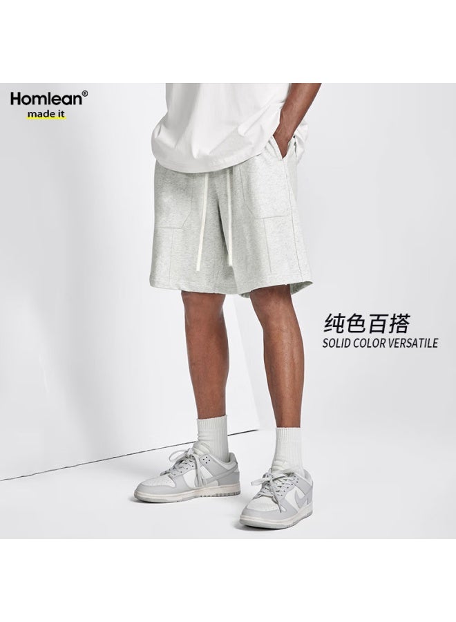 Homlean American Style Heavyweight Casual Shorts Men Summer Loose Breathable Sports Solid Color All-match Ls22 Linen Gray S - Image 1