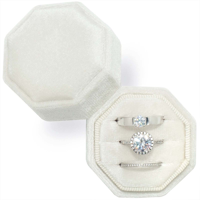 Beatilog Velvet Ring Box 3 Slots - Octagon Premium Handmade Three Rings Slot Bearer Storage for Wedding Ceremony, Proposal, Engagement, Photography (Ivory) - Image 1