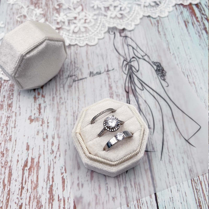 Beatilog Velvet Ring Box 3 Slots - Octagon Premium Handmade Three Rings Slot Bearer Storage for Wedding Ceremony, Proposal, Engagement, Photography (Ivory) - Image 4