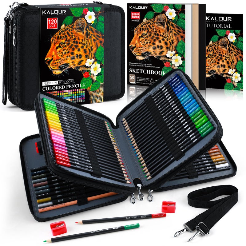 KALOUR 120 Colored Pencils Set with Carry Case, Sketchbook, Blender, Sharpeners & Color Chart, Oil-Based Soft Core,Professional Art Supplies for Adults and Artists - Image 1