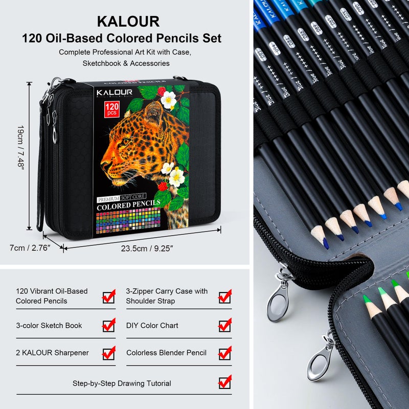 KALOUR 120 Colored Pencils Set with Carry Case, Sketchbook, Blender, Sharpeners & Color Chart, Oil-Based Soft Core,Professional Art Supplies for Adults and Artists - Image 2