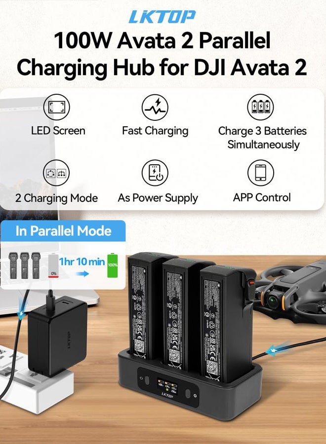 LKTOP Replacement DJI Avata 2 Battery Charging Hub (2X Super Fast) 100W Parallel Charger for DJI Avata 2 Drone Accessories USB-C Power Adapter, with LED Screen Display (Charge 3 Batteries: 1hr 10min) - Image 2