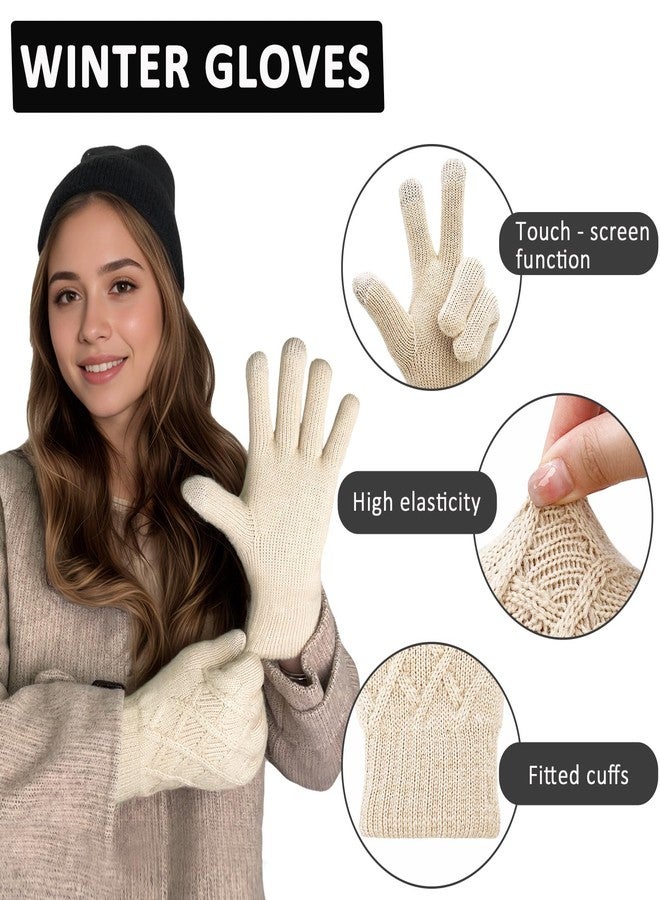 HOPSOOKEN Winter Wool Gloves for Women Men Warm Touch Screen Fleece Lined Elastic Knit Snow Gloves for Cold Weather, Beige, One size - Image 3