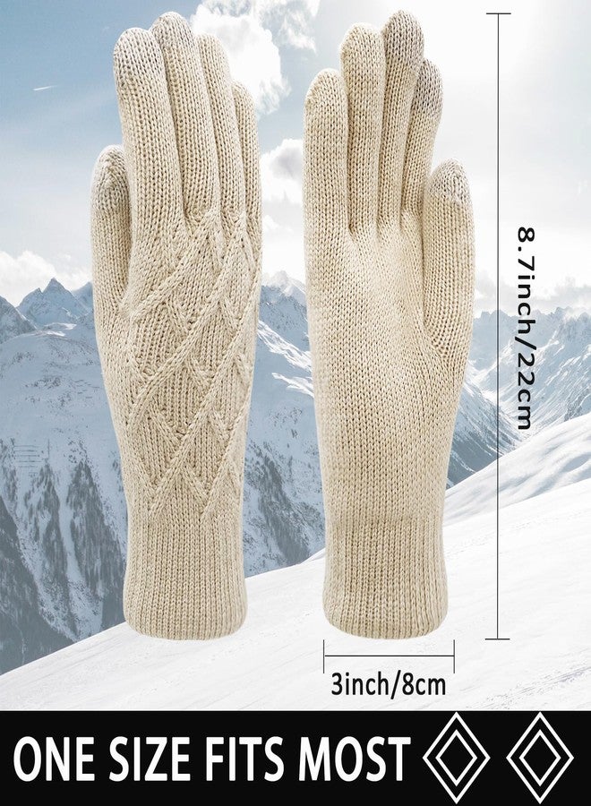 HOPSOOKEN Winter Wool Gloves for Women Men Warm Touch Screen Fleece Lined Elastic Knit Snow Gloves for Cold Weather, Beige, One size - Image 2