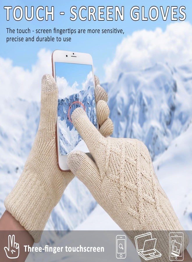 HOPSOOKEN Winter Wool Gloves for Women Men Warm Touch Screen Fleece Lined Elastic Knit Snow Gloves for Cold Weather, Beige, One size - Image 5