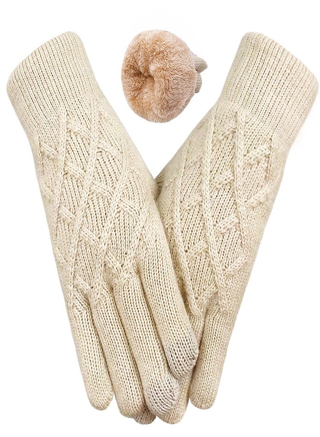 HOPSOOKEN Winter Wool Gloves for Women Men Warm Touch Screen Fleece Lined Elastic Knit Snow Gloves for Cold Weather, Beige, One size - Image 1