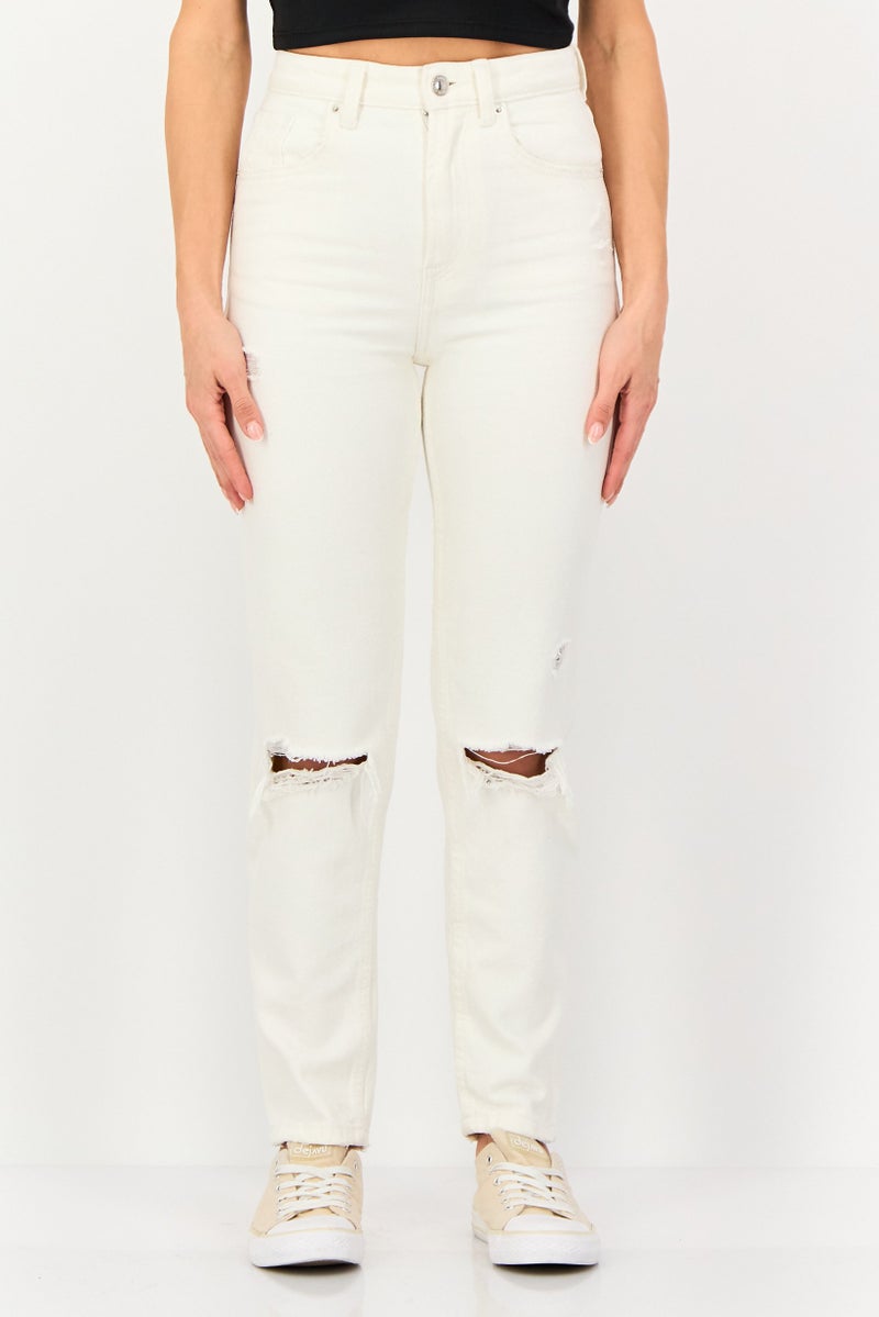Bershka Women Mom Fit Ripped No Stretch Jeans, Off White - Image 1