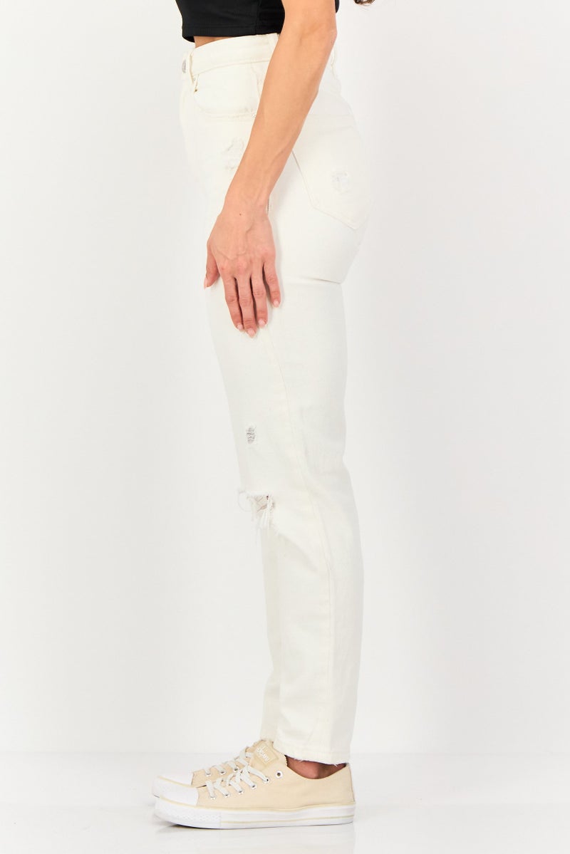 Bershka Women Mom Fit Ripped No Stretch Jeans, Off White - Image 2