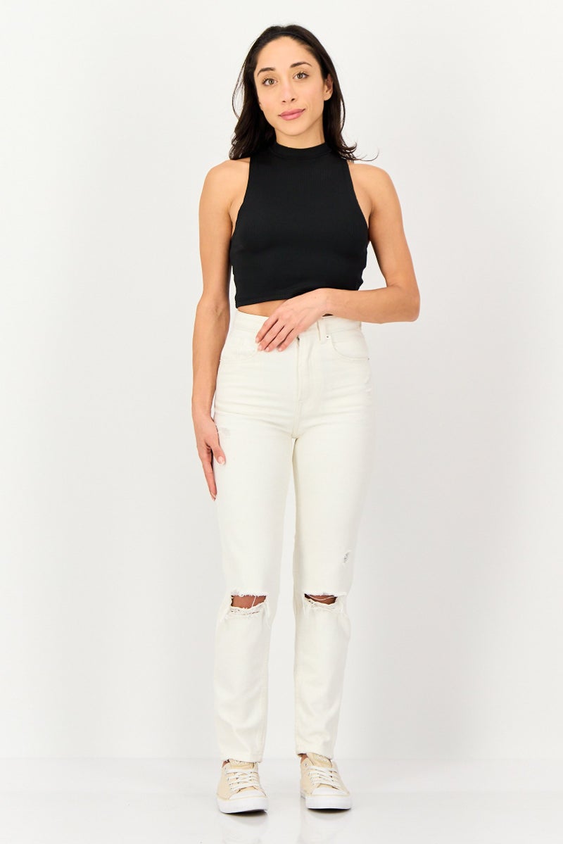 Bershka Women Mom Fit Ripped No Stretch Jeans, Off White - Image 4