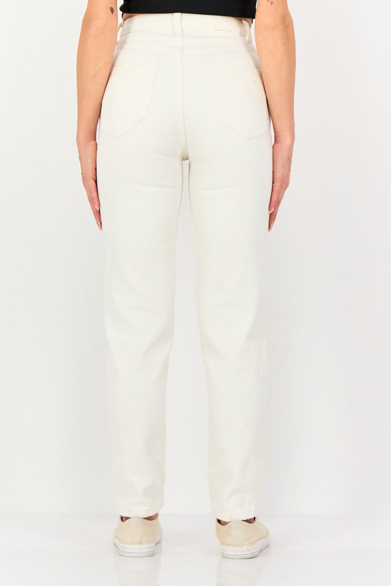 Bershka Women Mom Fit Ripped No Stretch Jeans, Off White - Image 3