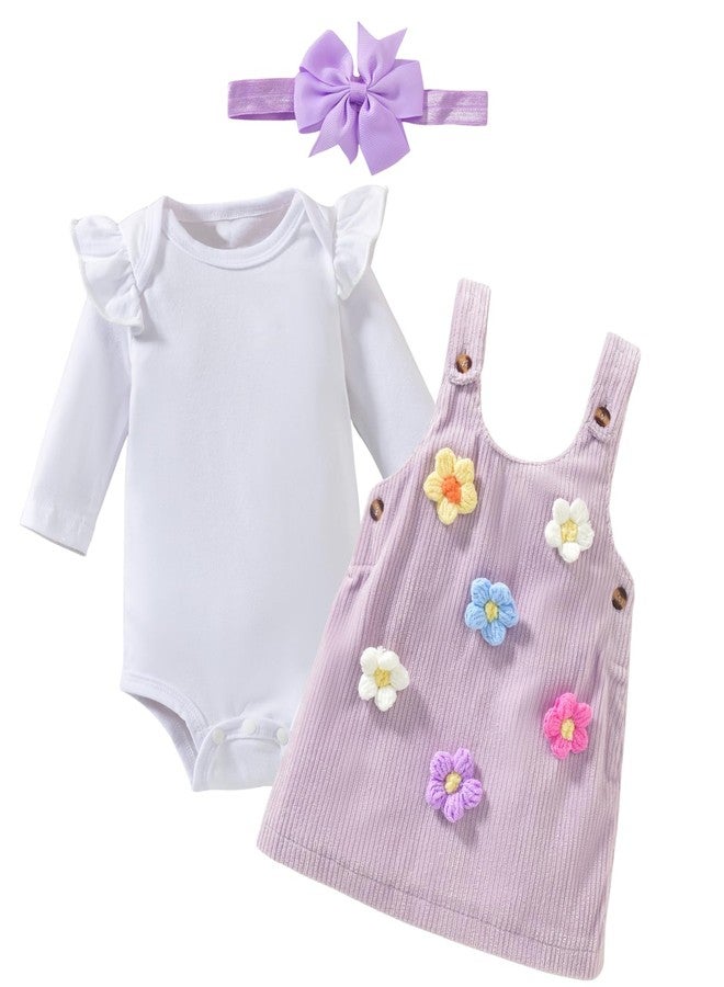 KOZBY 3-6 Months Baby Girl Suspender Corduroy Skirt Dresses Infant 3D Embroidered Floral Pattern Long Sleeves Outfits Fall Winter Spring 3Pcs Clothes Purple - Image 1