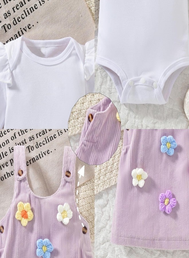 KOZBY 3-6 Months Baby Girl Suspender Corduroy Skirt Dresses Infant 3D Embroidered Floral Pattern Long Sleeves Outfits Fall Winter Spring 3Pcs Clothes Purple - Image 3