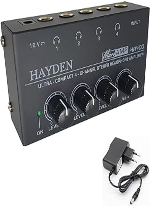 HAYDEN HA400 Headphone Amplifier 4 Ch Channel Metal Stereo Audio Amplifier, Mini Earphone Splitter with Power Adapter - 4X Quarter Inch Balanced TRS Headphones Output and TRS Audio Input for Sound