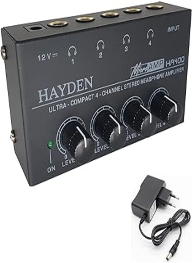 Hayden - HAYDEN HA400 Headphone Amplifier 4 Ch Channel Metal Stereo Audio Amplifier, Mini Earphone Splitter with Power Adapter - 4X Quarter Inch Balanced TRS Headphones Output and TRS Audio Input for Sound - Image 1