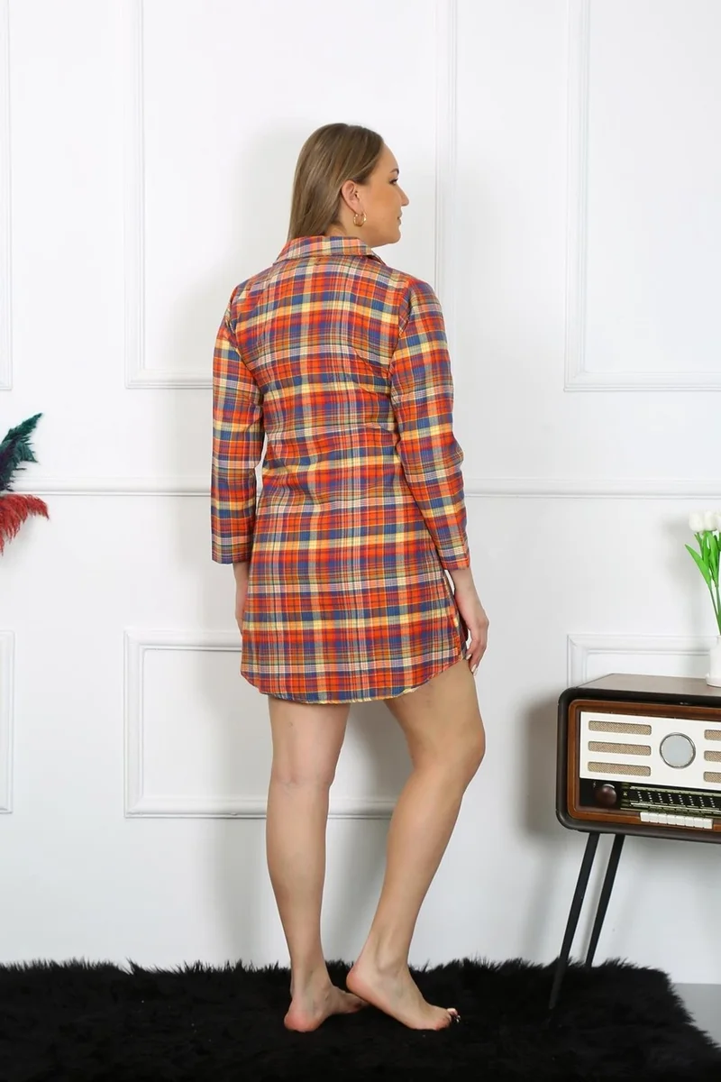 Akbeniz Women's Large Size Cotton Buttoned Long Sleeve Tunic Nightgown 12206