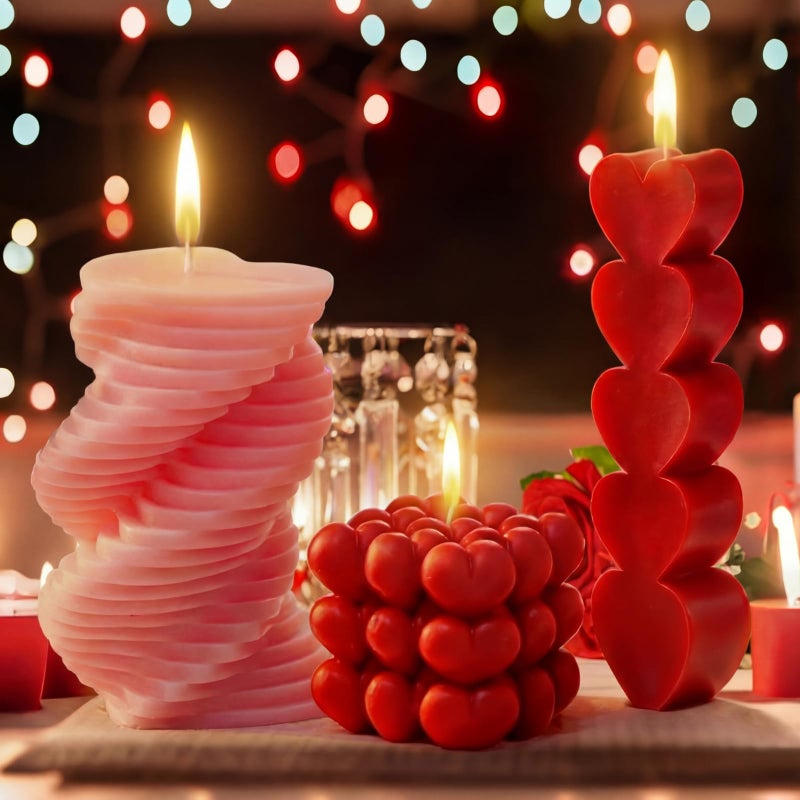 Conelist 3 Pcs Valentine Heart Shaped Candle Burning Stacked Spiral Heart Bubble Candle Pillar Unscented Romantic Valentine's Day Gift Wedding Anniversary Kitchen Home Aesthetic Table Decor - Image 3