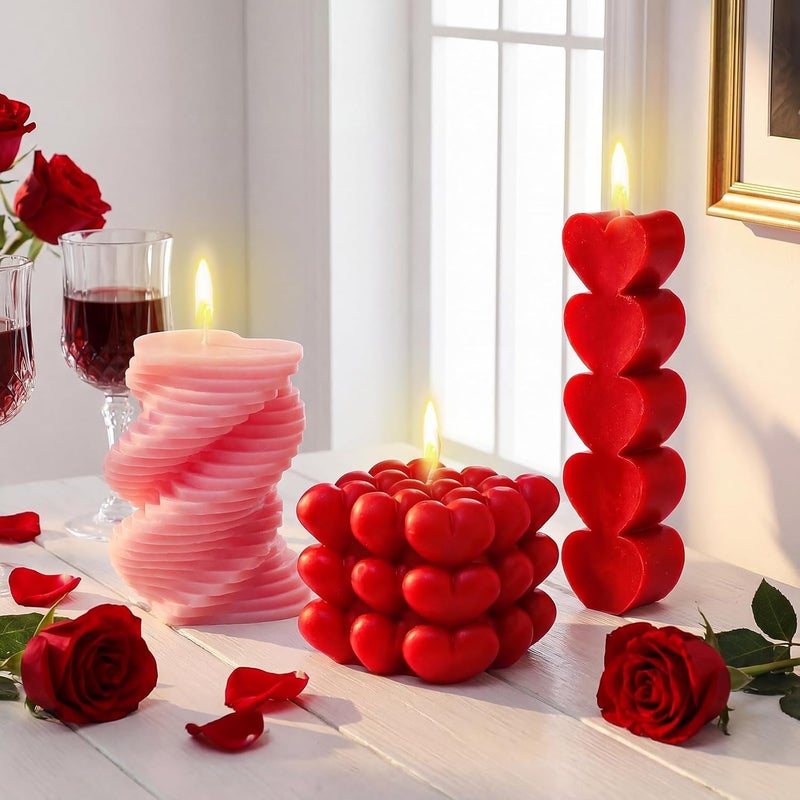 Conelist 3 Pcs Valentine Heart Shaped Candle Burning Stacked Spiral Heart Bubble Candle Pillar Unscented Romantic Valentine's Day Gift Wedding Anniversary Kitchen Home Aesthetic Table Decor - Image 1