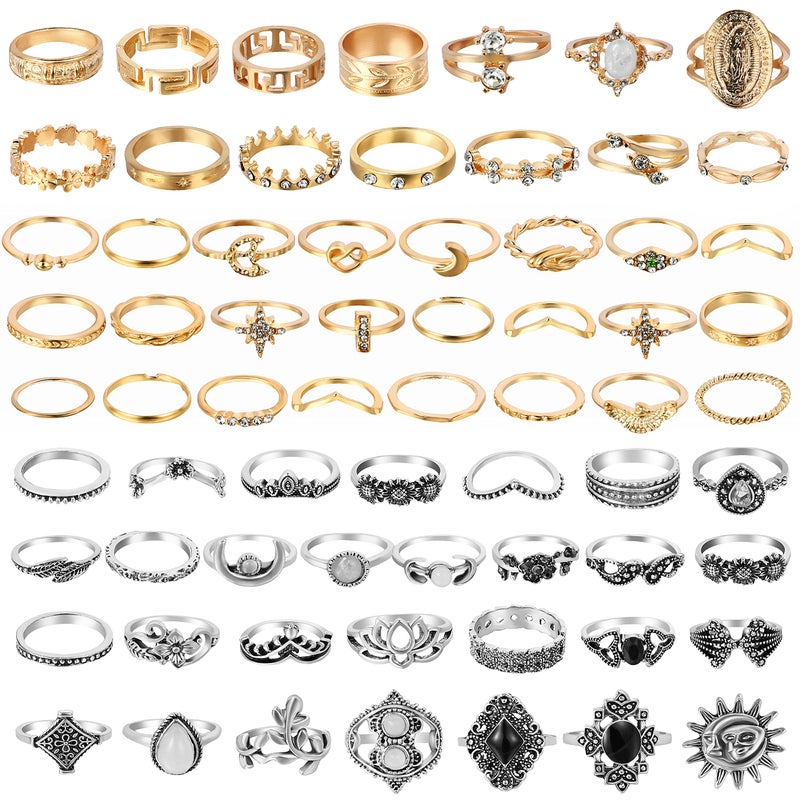 PANTIDE 67Pcs Vintage Knuckle Rings Set Stackable Finger Midi Rings for Women Bohemian Hollow Carved Flowers Gold & Silver Crystal Joint Circlet with Storage Bag - Image 1