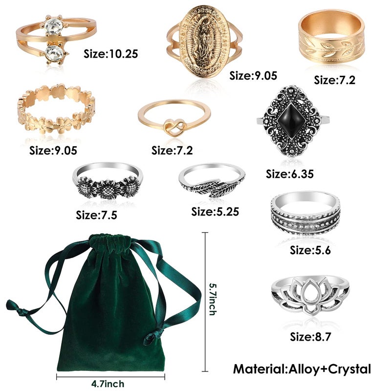 PANTIDE 67Pcs Vintage Knuckle Rings Set Stackable Finger Midi Rings for Women Bohemian Hollow Carved Flowers Gold & Silver Crystal Joint Circlet with Storage Bag - Image 2