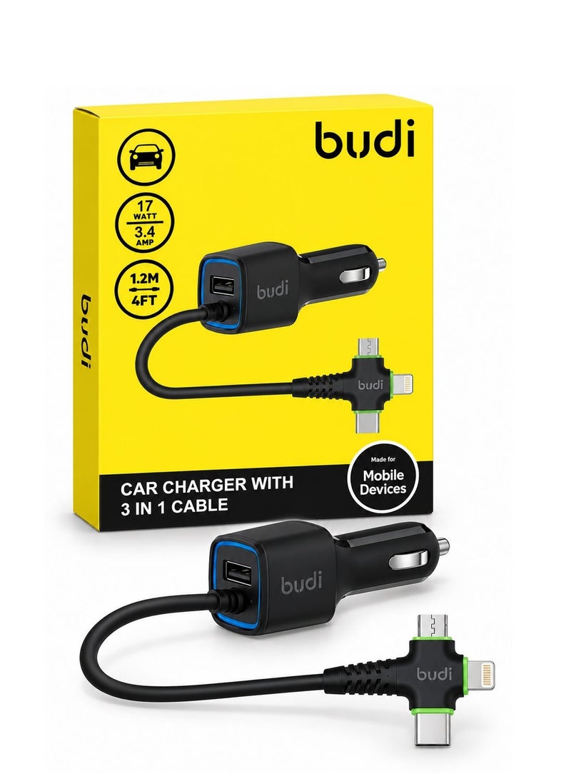 Budi M8J066 Car Charger 3-in-1 Charging Cable, 17W 3.4A Fast Car Adapter, 1.2M / 4FT Cable, Multi-Connector Charging Cable Car Charger - Black - Image 1