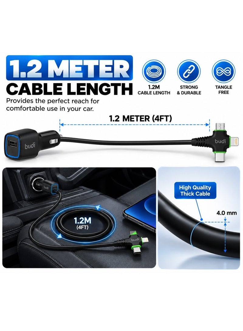 Budi M8J066 Car Charger 3-in-1 Charging Cable, 17W 3.4A Fast Car Adapter, 1.2M / 4FT Cable, Multi-Connector Charging Cable Car Charger - Black - Image 3