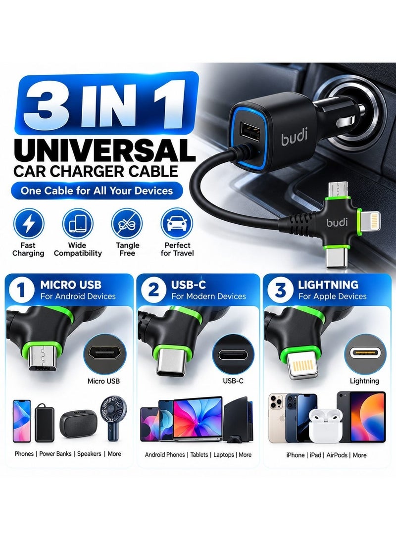 Budi M8J066 Car Charger 3-in-1 Charging Cable, 17W 3.4A Fast Car Adapter, 1.2M / 4FT Cable, Multi-Connector Charging Cable Car Charger - Black - Image 2