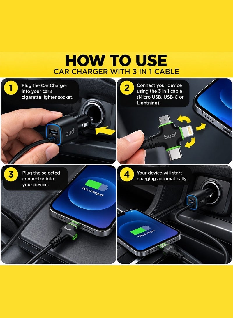Budi M8J066 Car Charger 3-in-1 Charging Cable, 17W 3.4A Fast Car Adapter, 1.2M / 4FT Cable, Multi-Connector Charging Cable Car Charger - Black - Image 4