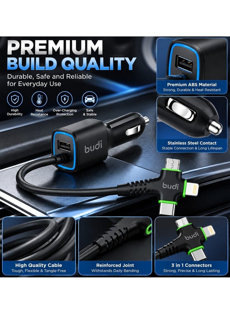 Budi M8J066 Car Charger 3-in-1 Charging Cable, 17W 3.4A Fast Car Adapter, 1.2M / 4FT Cable, Multi-Connector Charging Cable Car Charger - Black - Image 5