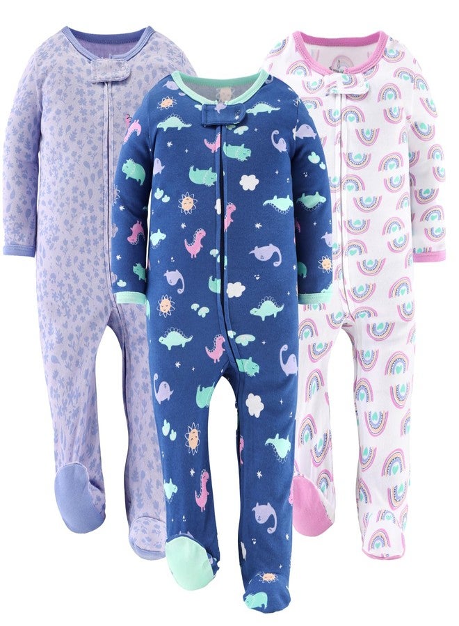 The Peanut Shell The Peanutshell Baby Sleepers for Girls Set of 3-0-3 Months Baby Clothes, Soft Cotton Girl Footed Pajamas, Newborns & Infants Clothes Gift Set - Rainbow Dinosaur - Image 1