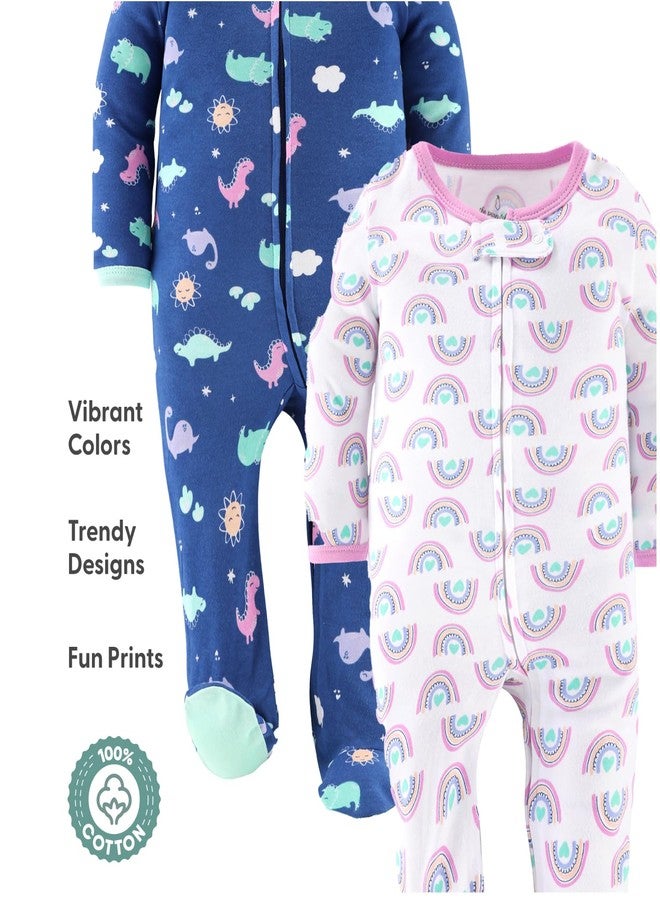 The Peanut Shell The Peanutshell Baby Sleepers for Girls Set of 3-0-3 Months Baby Clothes, Soft Cotton Girl Footed Pajamas, Newborns & Infants Clothes Gift Set - Rainbow Dinosaur - Image 4